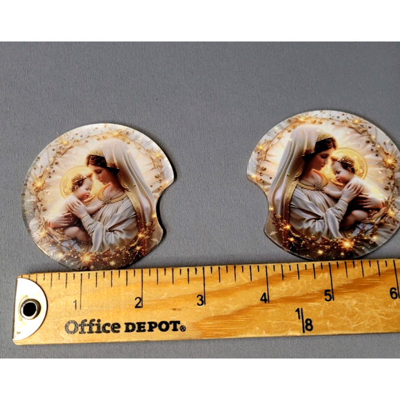 Vibrant Virgin Mary Baby Jesus Halo Light Round Car Coasters Religion Set of 2 - Picture 2 of 4